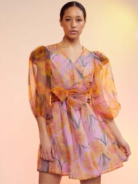 Cynthia Rowley Printed Organza Wrap Dress |Pink & Marigold Floral | Size Med NWT